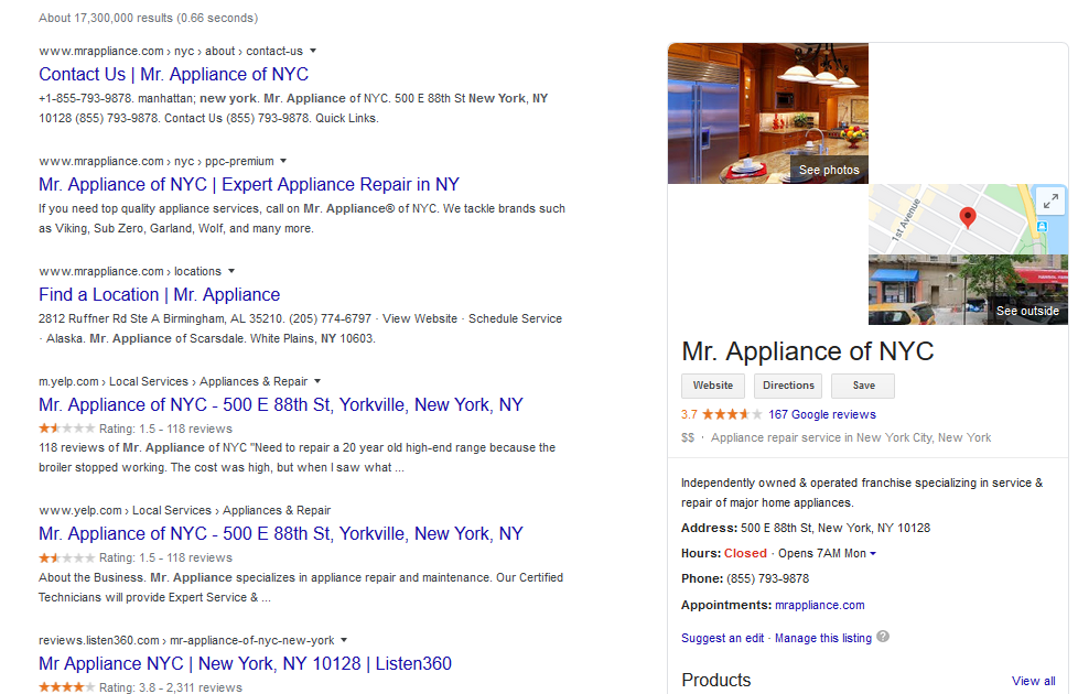 knowledge panel for appliance repair company