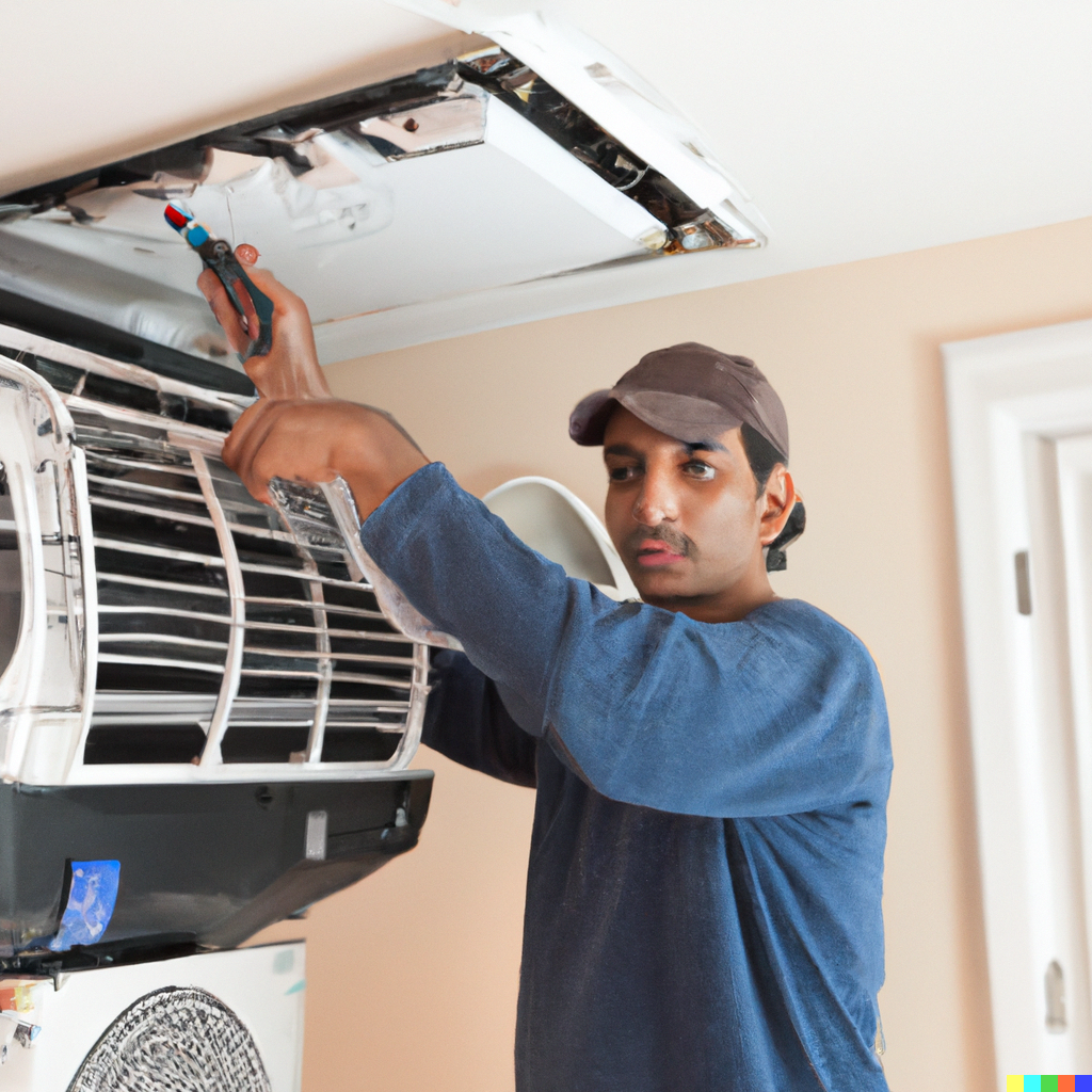 Professional technician repairing an air conditioner unit in a New York City apartment