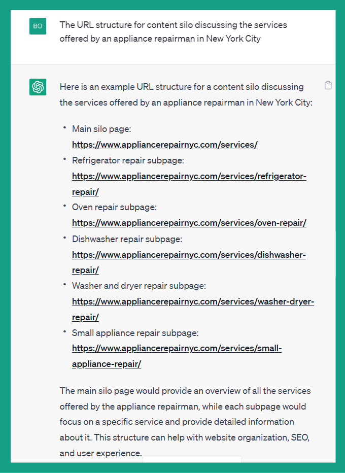 appliance repair content silo URL structure