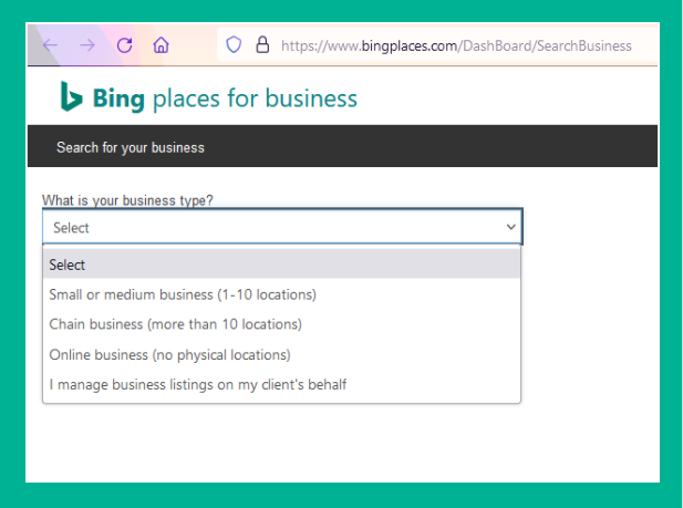 Business Search page within Bing Places