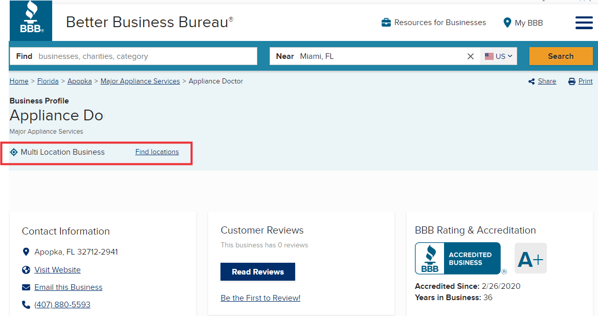 BBB Multi-location Business Listing