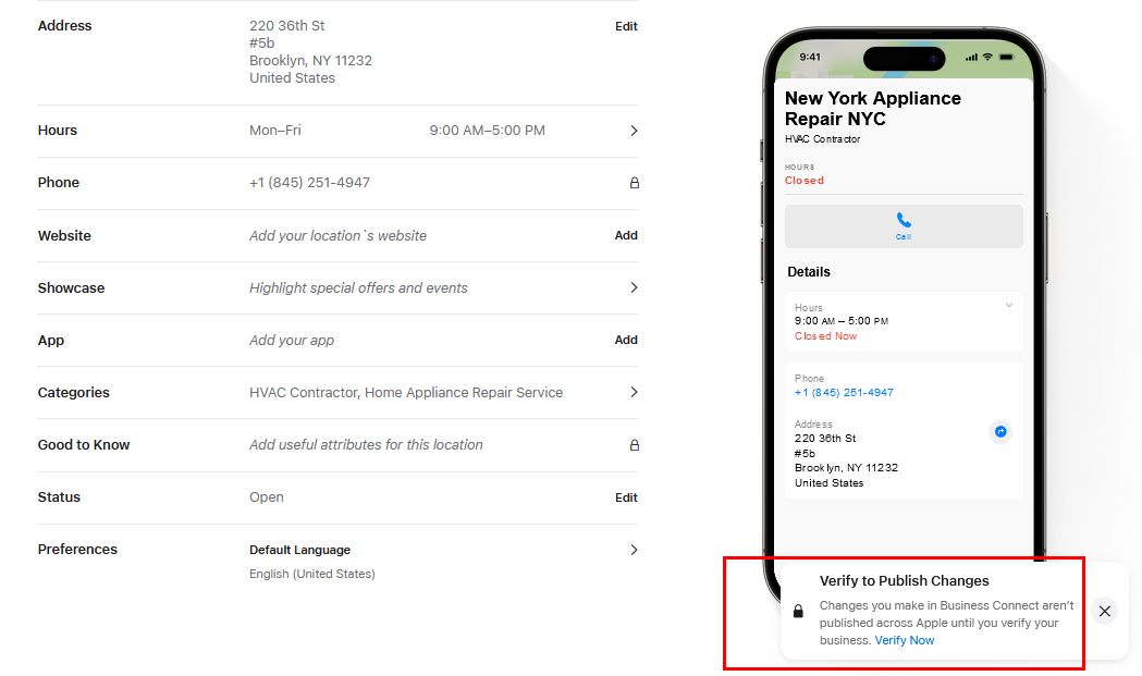Apple Maps Verify to Publish Changes
