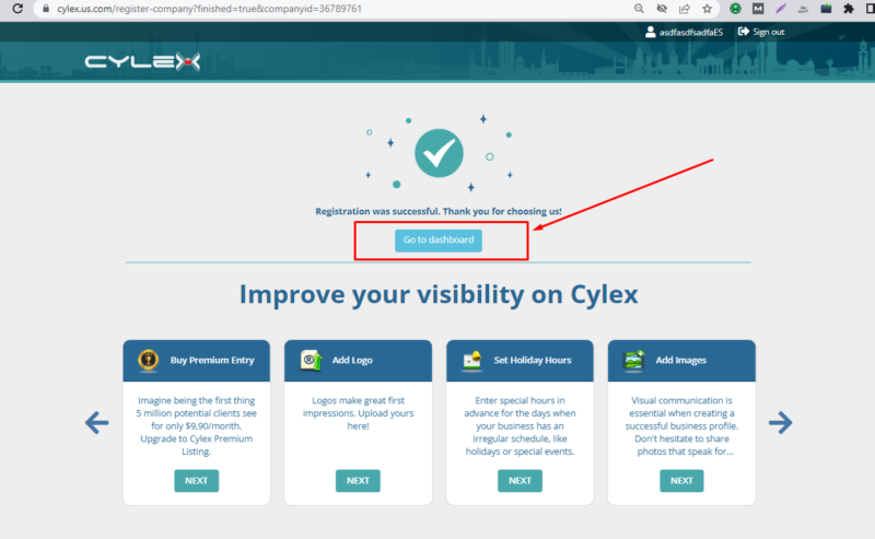 Cylex -Go to dashboard