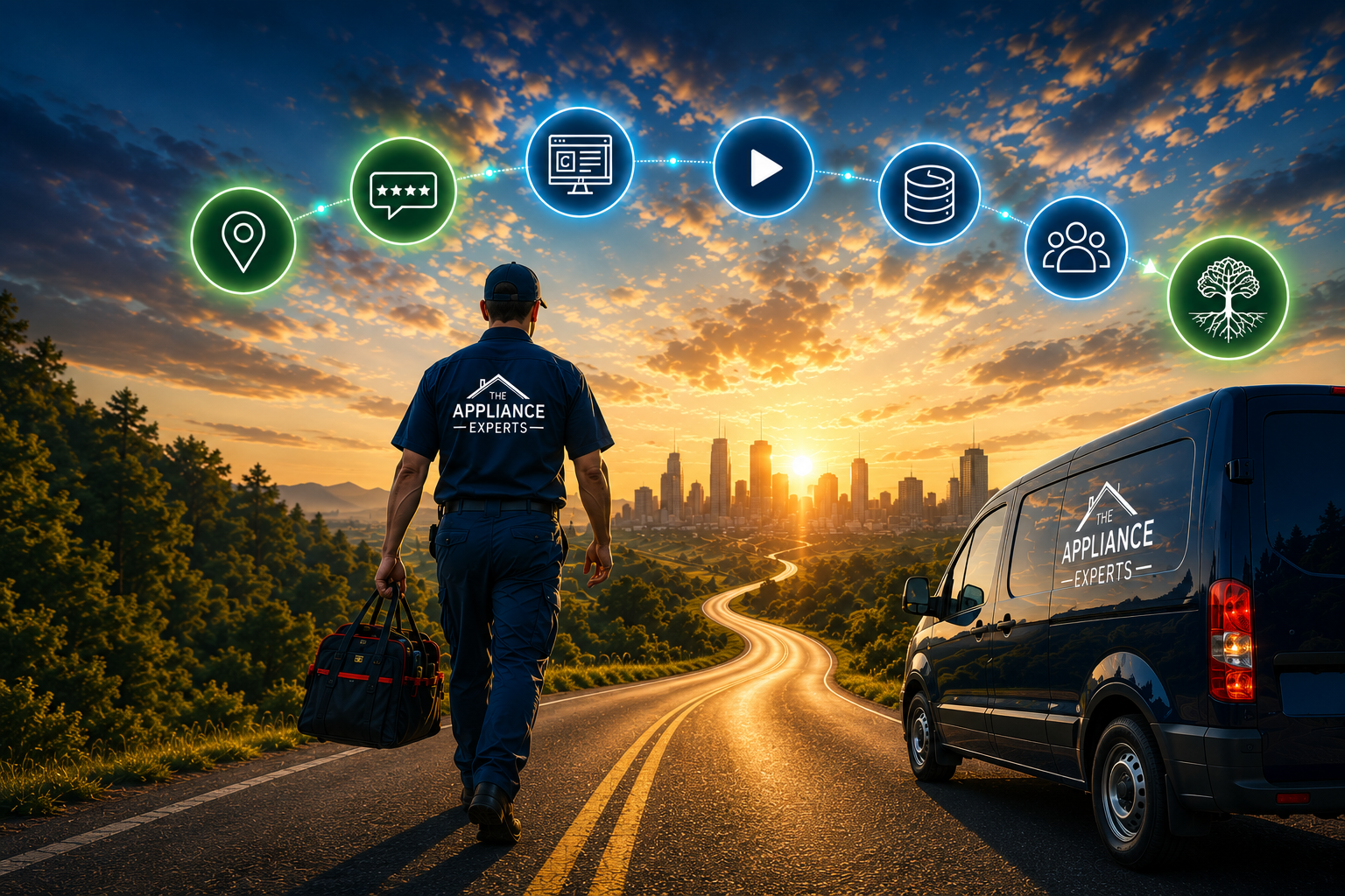 Appliance repair technician driving toward business growth using the 2026 Appliance Repair Marketing Plan framework.